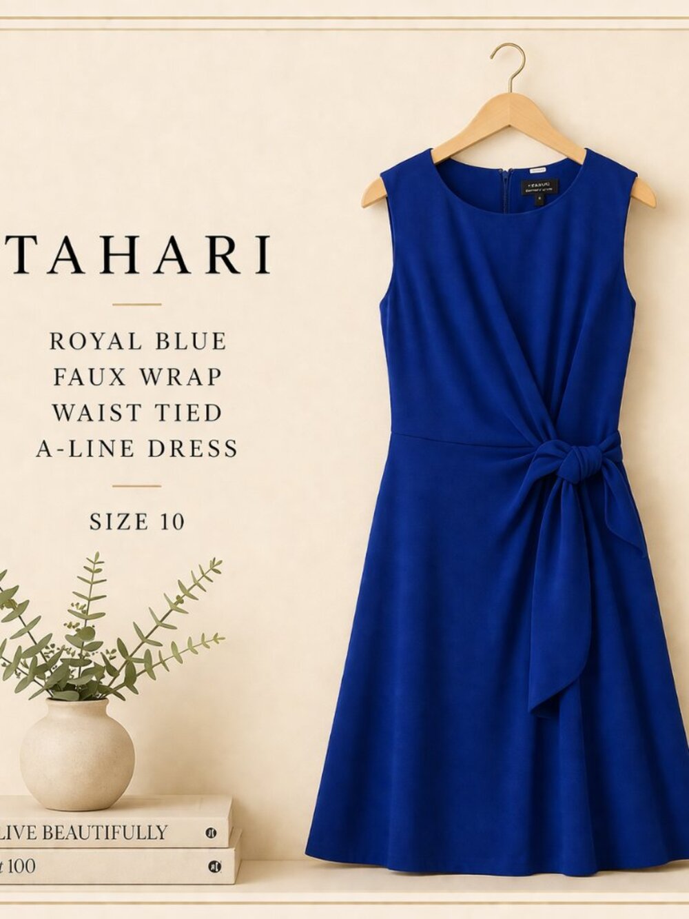 Tahari Royal Blue A-Line Dress Faux Wrap Tie Waist Sleeveless Size 10 - Picture 2 of 9
